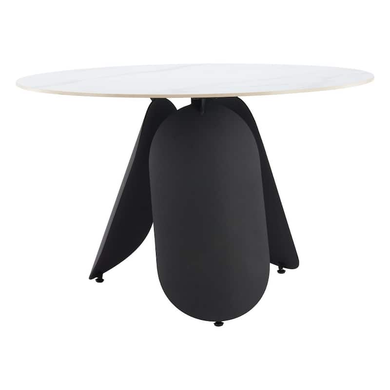 HomeRoots 48" White and Black Faux Marble and Steel Pedestal Base Round Top Dining Table - 48.00 in. x 29.50 in. x 48.00 in.