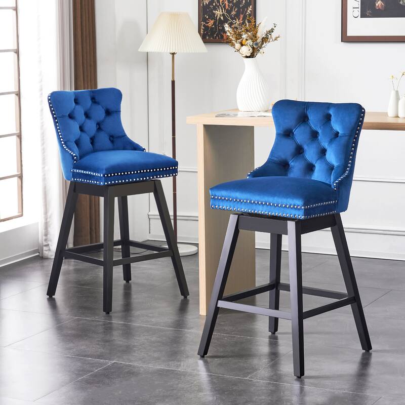 26"/30" Velvet Upholstered Swivel Counter or Bar Height Stools - Set of 2 - Blue - Bar Height