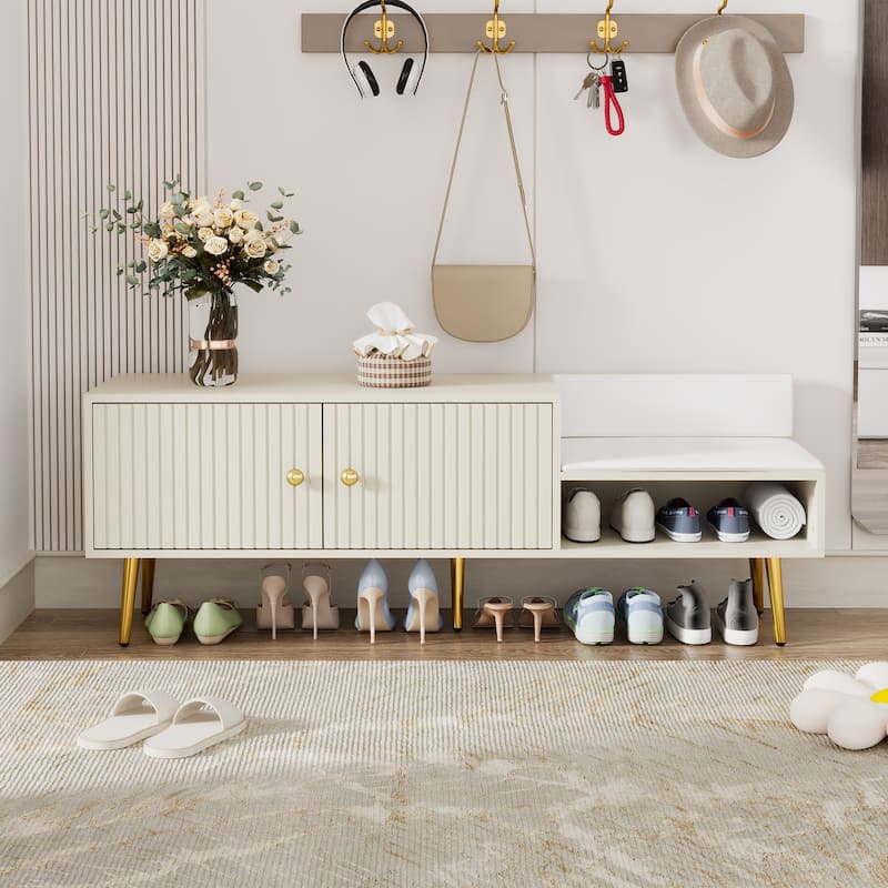 Upholstered Storage Bench with Hidden Storage,Metal Handles and Legs