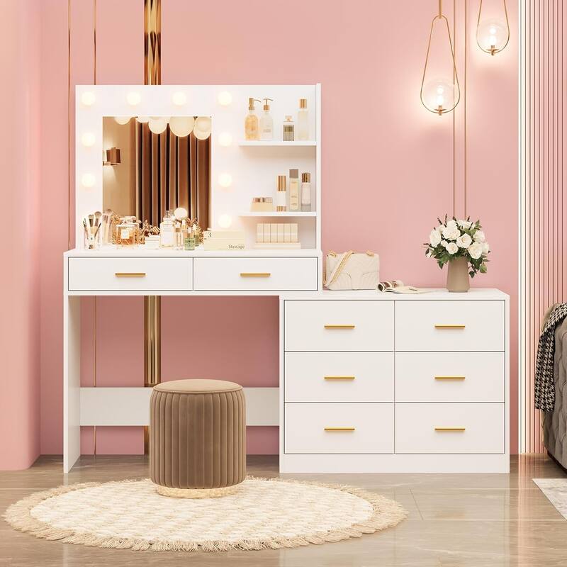 61" Make Up Vanity Desk 3 Lighting Modes Vanity Organizer with Adjustable Brightness