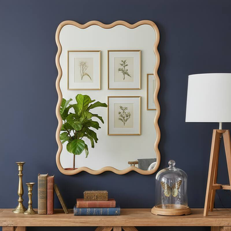 Wavy Rectangle Solid Wood Frame Decorative Mirror - Natural