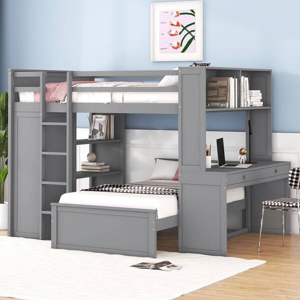 slide 2 of 11, Full over Full Size Loft Bed with a Twin Size Stand-alone Bed, Bunk Bed with Shelves, Desk and Wardrobe, Grey Grey