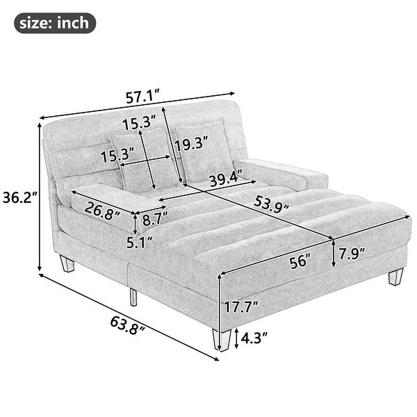57-In Chenille Upholstered Chaise Lounge with Adjustable Backrest & LED Light Strip