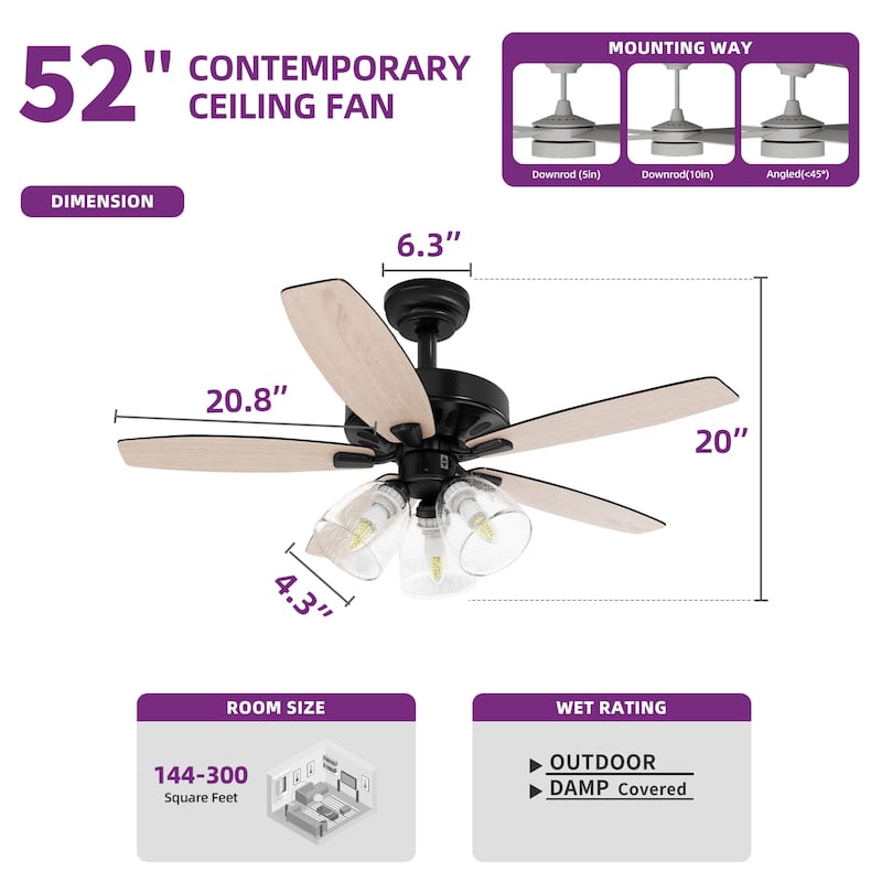 Moasis Farmhouse LED Ceiling Fan with Light And Clear Seeded Glass Light Kit