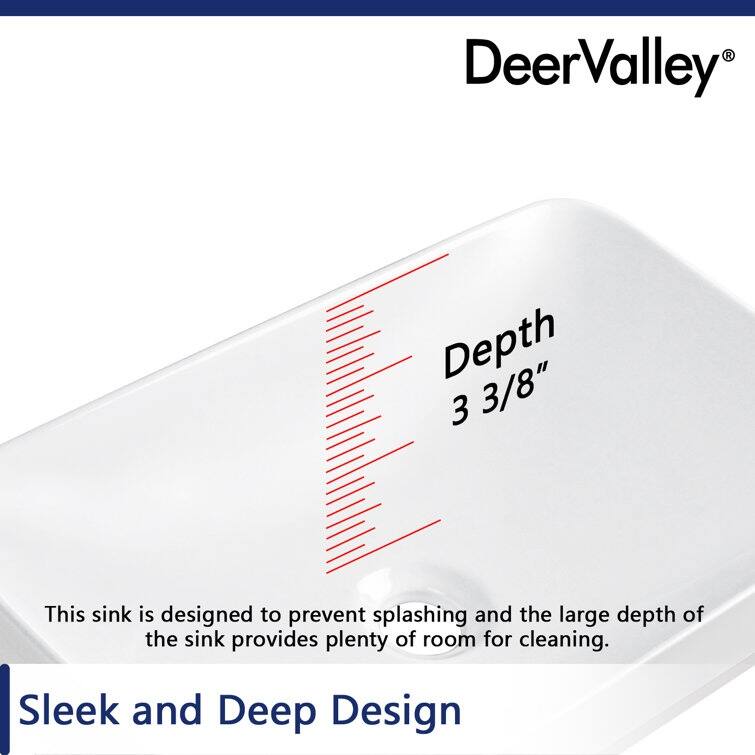 DeerValley Ally 12'' White Ceramic Rectangular Vessel Bathroom Sink