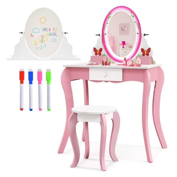 slide 2 of 14, Pink Kids Vanity Table and Stool Set with 360 Rotating Mirror and Whiteboard Perfect for Gift - 27"L x 16.5"W x 39.5"H Kids