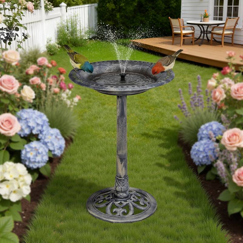Javlergo 28" Pedestal Outdoor Bird Bath with Solar Powered Fountain for Outside Vintage Bronze Polyresin Lightweight - Silver