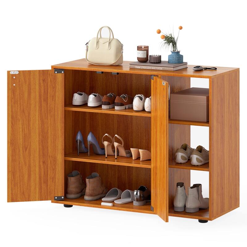 Shoe Storage Cabinet with Doors and Open Shelves Adjustable Wooden Entryway Organizer - 31.5" x 12" x 25.5"