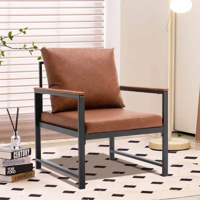 PU Leather Armchair, Modern Retro Leisure Reading Accent Chair with Soft Cushion and Mental Frame for Living Room, Office