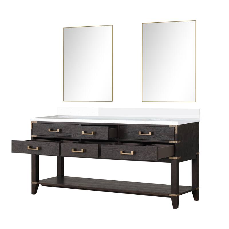 Norwalk 60 in W x 22 in D Black Oak Double Bath Vanity, White Quartz Top, and 28 in Mirrors