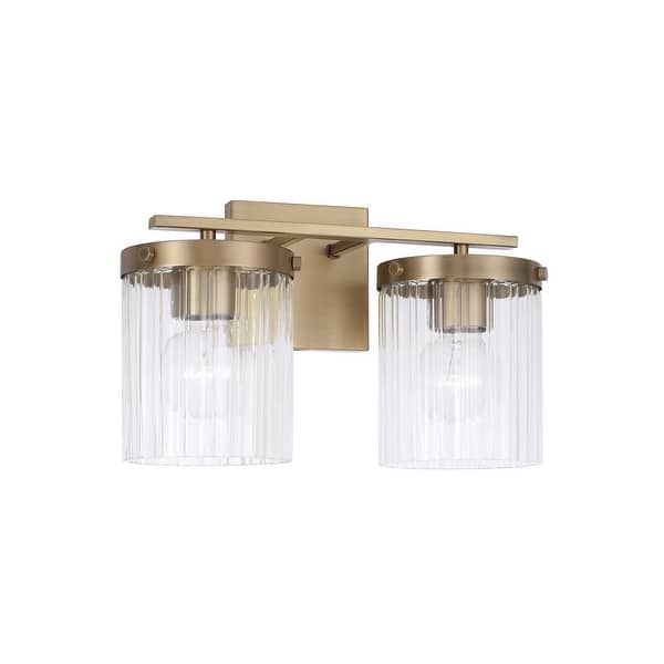 slide 2 of 5, 16" W x 9" H 2-Light Vanity with Clear Beveled Fluted Glass - 14.5"W x 9"H x 8"E Aged Brass