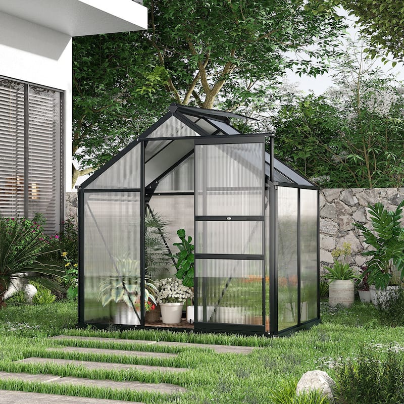 Outsunny 6' x 4' x 7' Twin Wall Polycarbonate Walk-In Greenhouse for Outdoors - 6' x 4' x 6.5' - Hobby