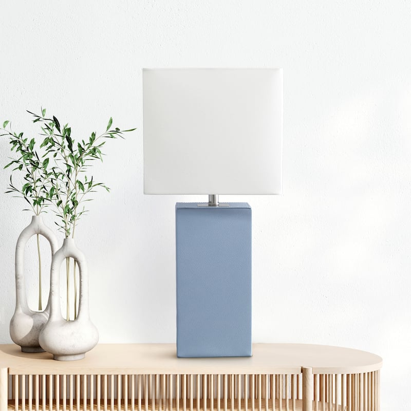 Leather Table Lamp with White Fabric Shade