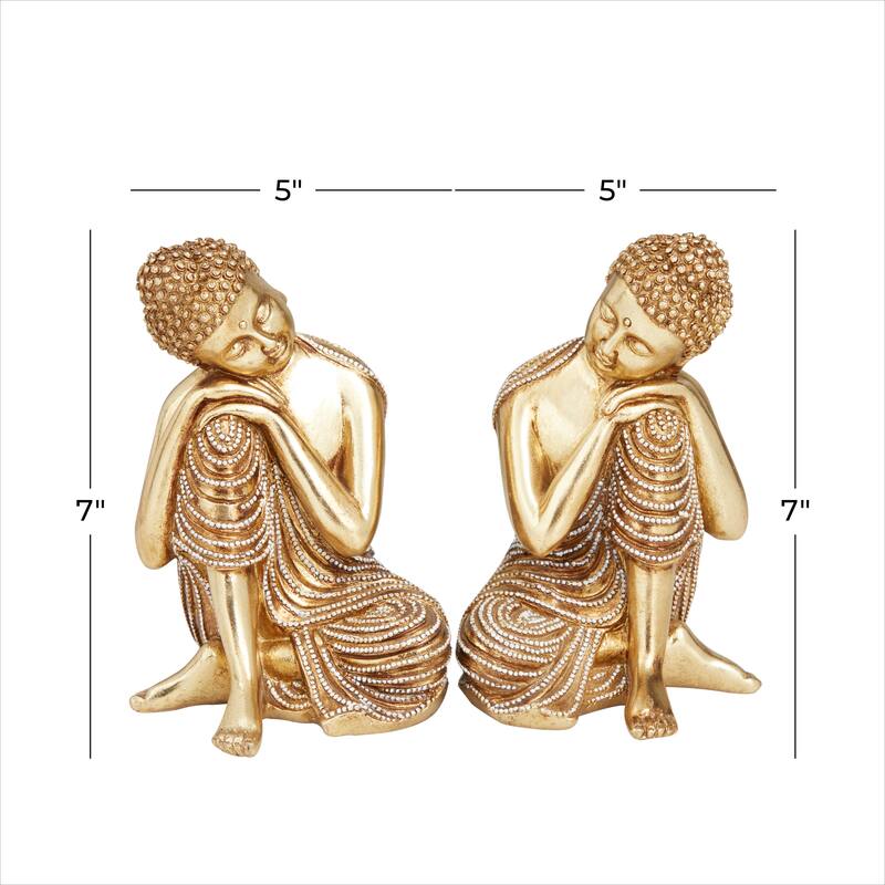 Gold Polystone Traditional Buddha Sculpture with Engraved Carvings and Relief Detailing (Set of 2) - 5 x 4 x 7
