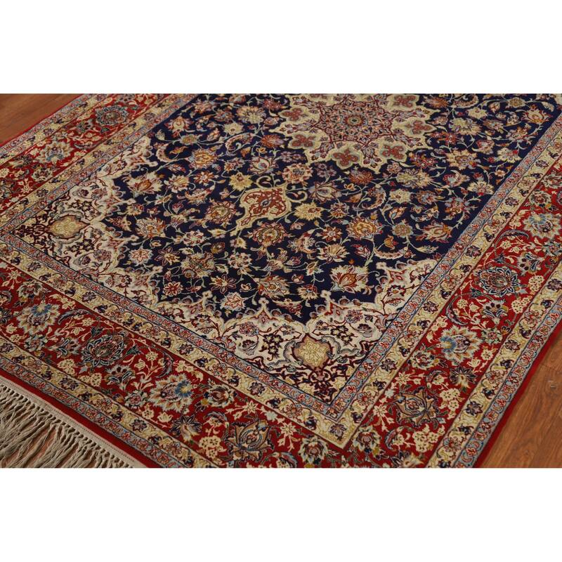Hand Knotted Oriental 100% Wool Carpet Traditional Floral Navy Blue & Blues Isfahan Area Rug - 7' 5'' X 4' 9''