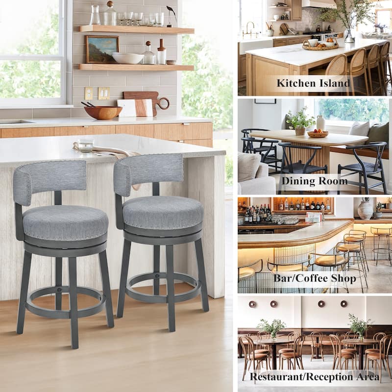 Modern Velvet Swivel Bar Stool - 25" or 30" Counter Height with Adjustable Footrest & Walnut Base, for Kitchen Islands