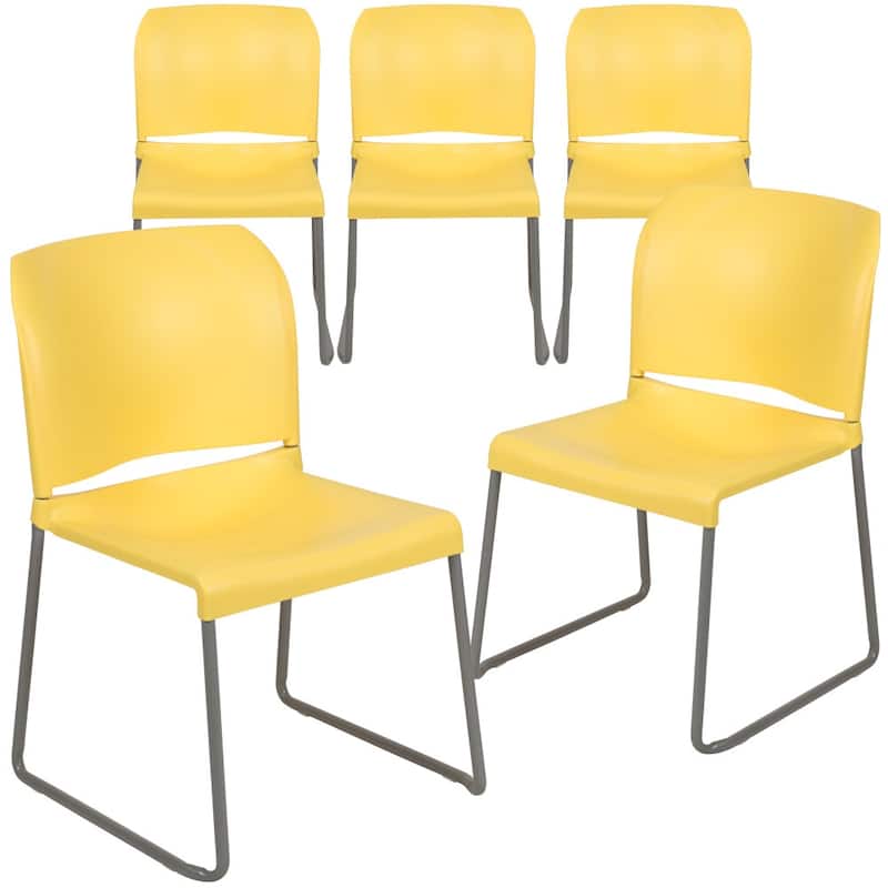 5 Pack 880 lb. Capacity Full Back Contoured Sled Base Stack Chair - Yellow