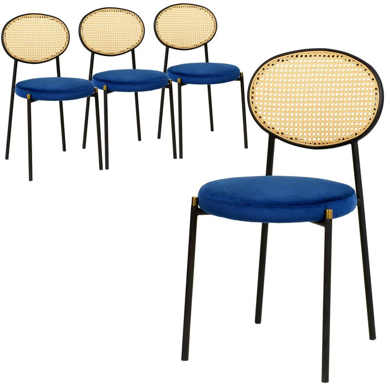 Euston Modern Velvet or Leather Upholstered Round Seat with Powder Coated Finish and Thick Cushion Set of 4 - Navy Blue