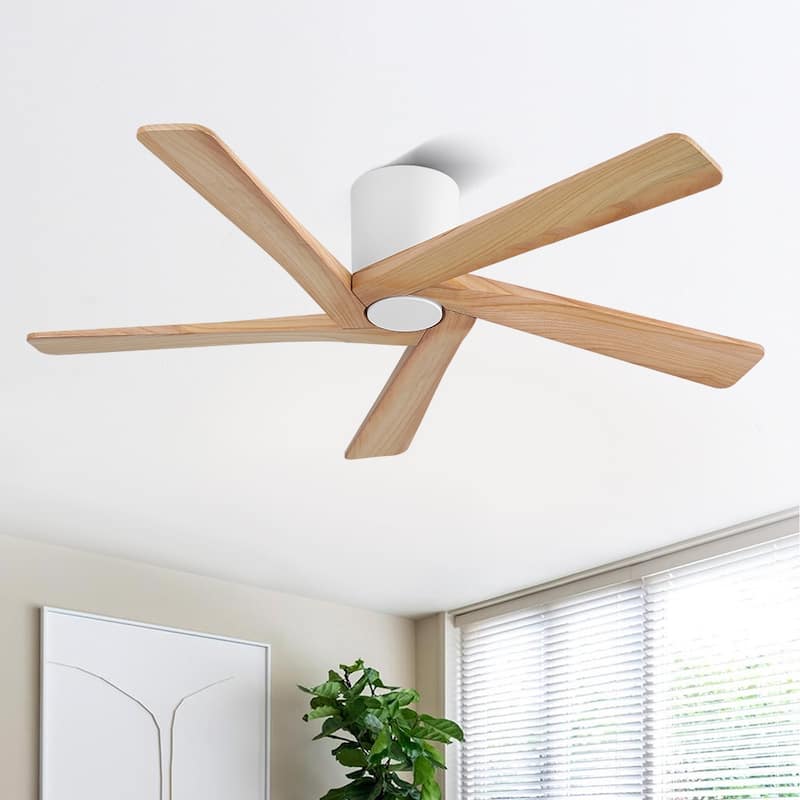 MLiAN 5 Solid Wood Blades Indoor Flush Mount Ceiling Fan with Remote - 54" - White/ Wood Grain