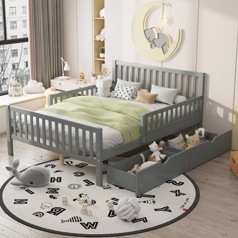 Twin Size Wood Platform Bed with Guardrails