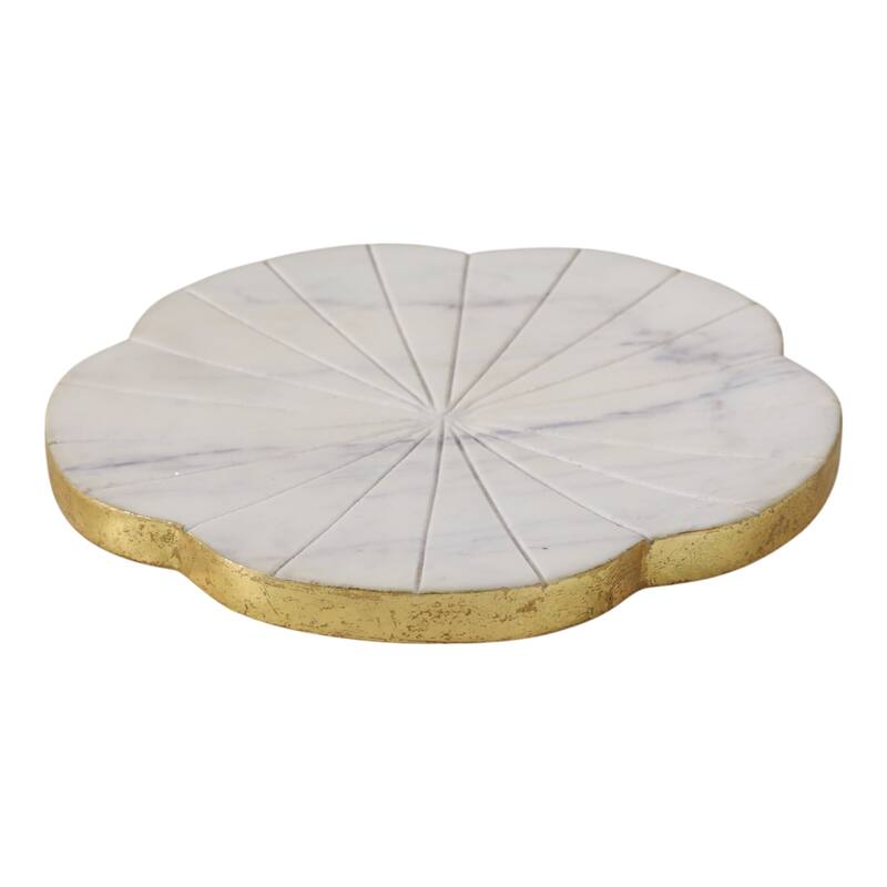 Stone Marble Trinket Tray Round Floral Design Modern Glam - 1" White - 8" x 8" x 0.5" - White - 8" x 8" x 0.5"