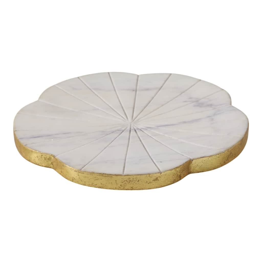 Stone Marble Trinket Tray Round Floral Design Modern Glam - 1" White - 8" x 8" x 0.5"