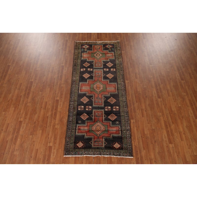 Blue Ardebil Persian Vintage Runner Rug Hand-Knotted Wool Carpet - 4'1"x 9'11"