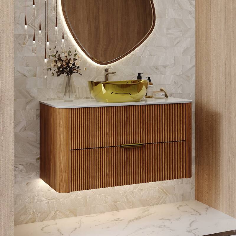 36" Luxury Floating Bathroom Vanities with Gold Single Sink, Brown Wood Cabinets with 2 Drawers