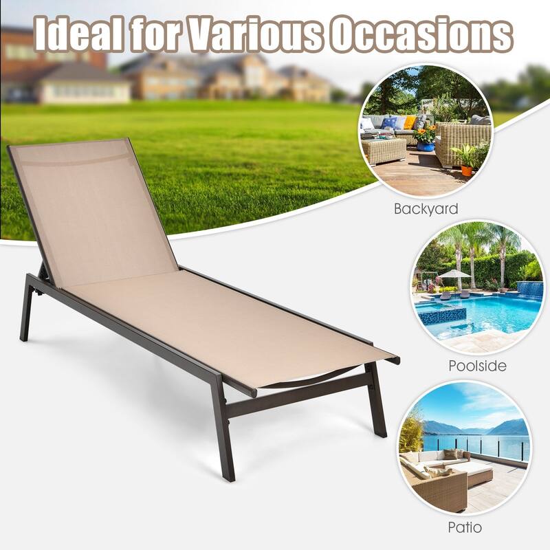 Outdoor Reclining Chaise Lounge Chair with 6-Position Adjustable Back - 64"- 79" x 25" x 38" - 12" (L x W x H)