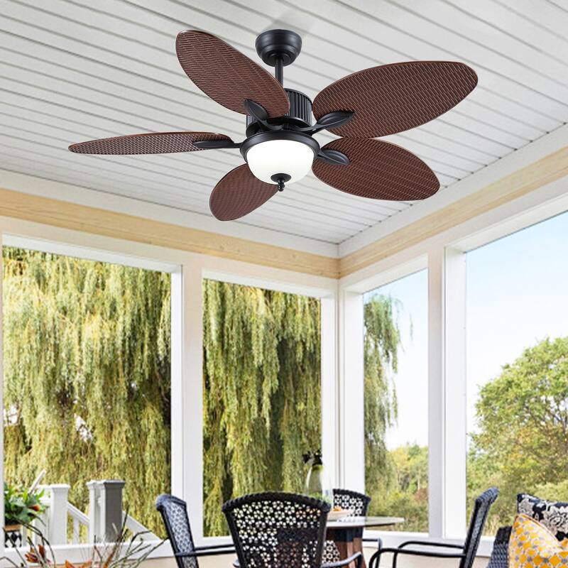 50 Inch Tropical Ceiling Fan with Palm Leaf Blades Glass Cover Remote Control Waterproof for Farmhouse Indoor and Outdoor Patio