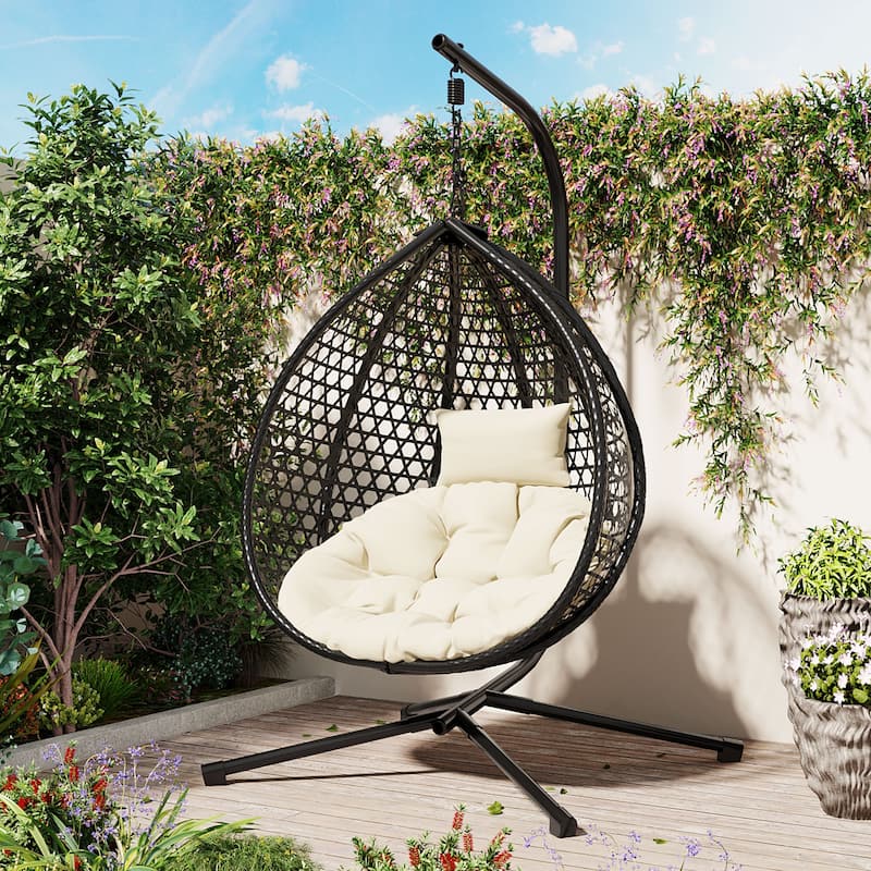 Sturdy Hammock Chair with Stand, Durable Hanging Egg Chair with Rattan Weaving,Comfortable chairs with Soft Removable Cushion - Black+Beige