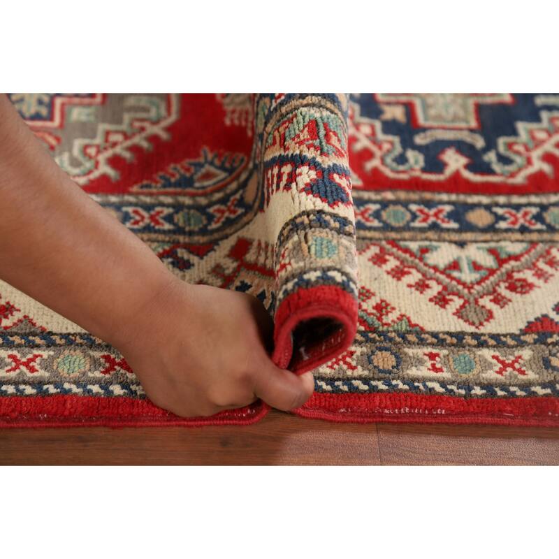 Red Geometric Kazak Oriental Runner Rug Hand-Knotted Foyer Wool Carpet - 2'9" x 10'9"