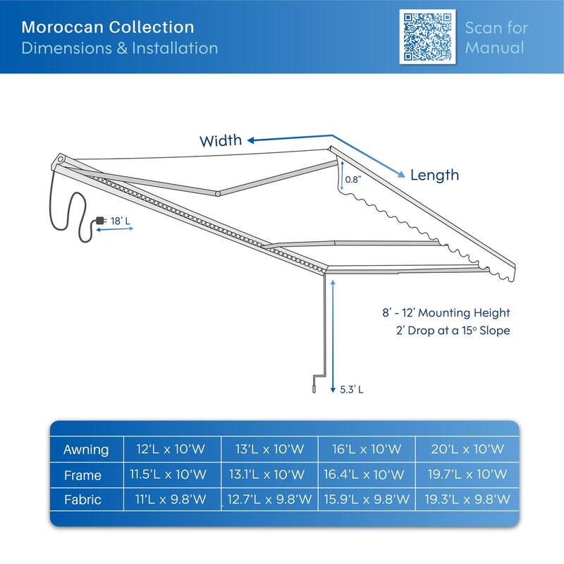 ALEKO Moroccan Semi-Cassette Motorized Patio Awning - Sky Blue - 16 x 10 Feet