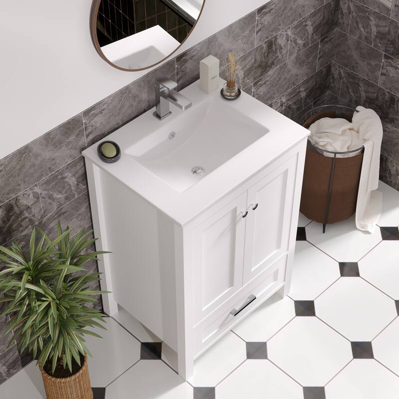EROMMY All-in-One Bathroom Vanity with Ceramic Sink, Soft-Close Storage Cabinet & Drawer, Glossy Countertop, White