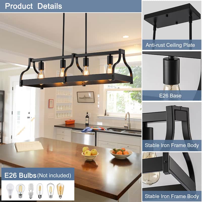 Starsky 4-Light Modern Farmhouse Black Chandelier Wooden Linear Kitchen Island Light
