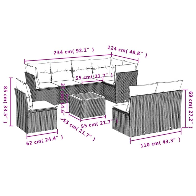 vidaXL Patio Sofa Set with Cushions Outdoor Furniture 9 Piece Poly Rattan - 24.4 x 24.4 x 27.2