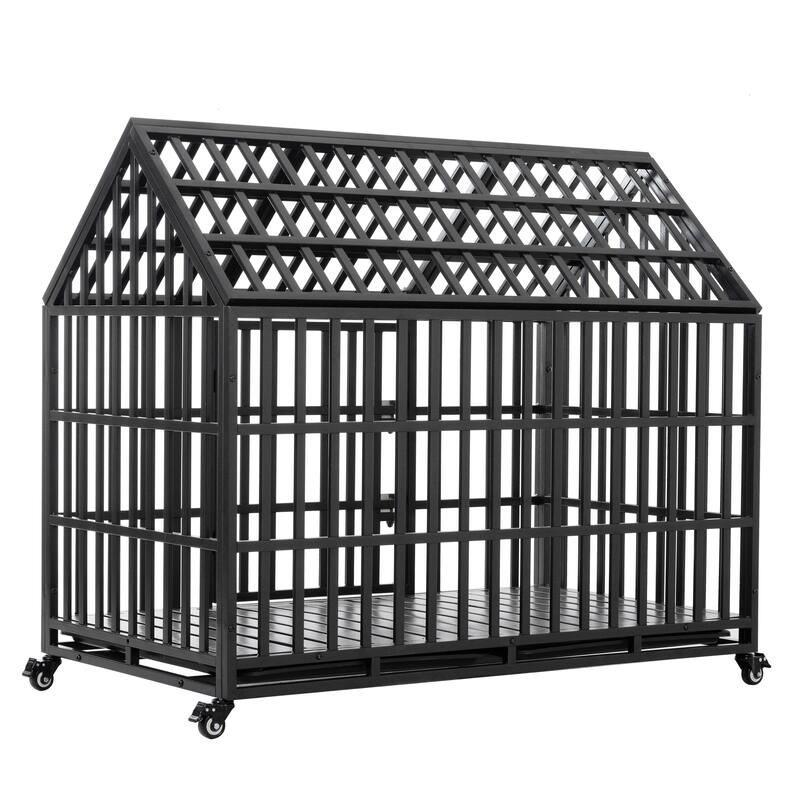 52" Heavy Duty Dog Crate, XL Metal Dog Kennel Cage for Large Dogs, Pet Crate with 2 Door, 4 Lockable Wheels & Removable Tray
