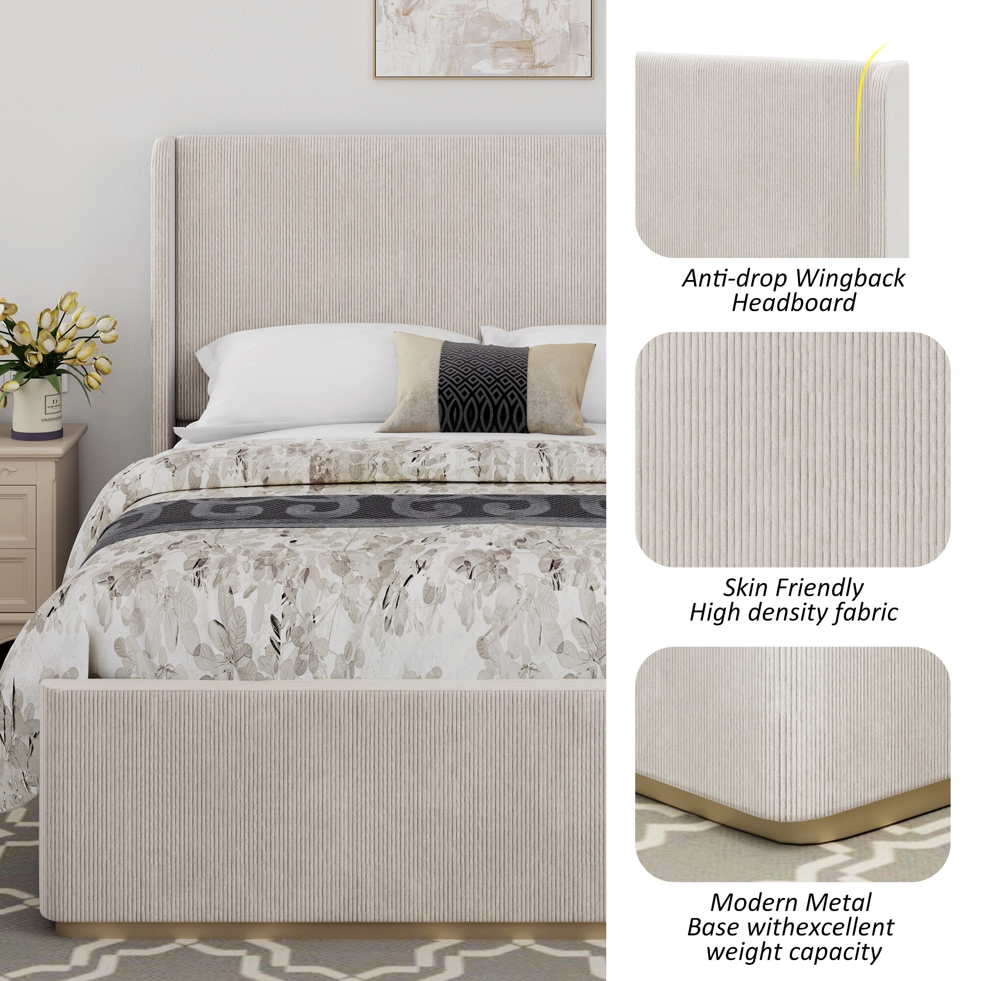 King Size Upholstered Bed with Corduroy Fabric, Wingback Headboard, Metal Frame, and Wooden Slats