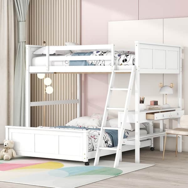 slide 2 of 25, Sweden Cabin Style Full Over Full Bunk Bed,Solid Wood Construction and Sloping Ladder,Built-In Desk Beneath Bunk Bed White