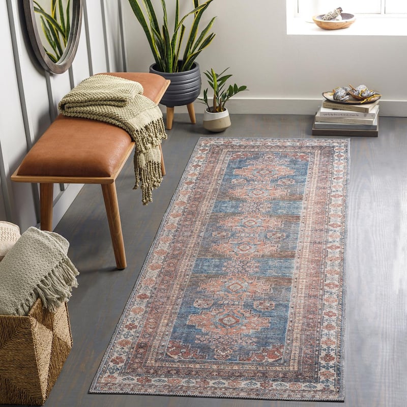 Livabliss Traditional Colin Medallion Washable Area Rug - 2'7" x 7'3" - Peach/Blue