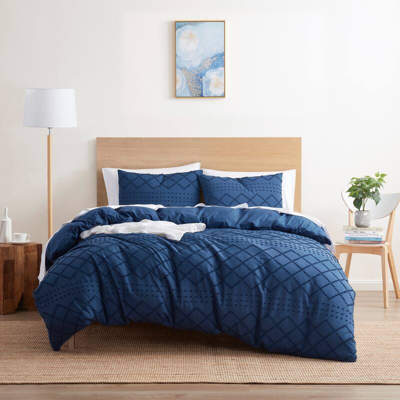 Nestl Boho Tufted Embroidery Double Brushed Duvet Cover with Button Closure - Navy - Dots & Diamonds - Queen