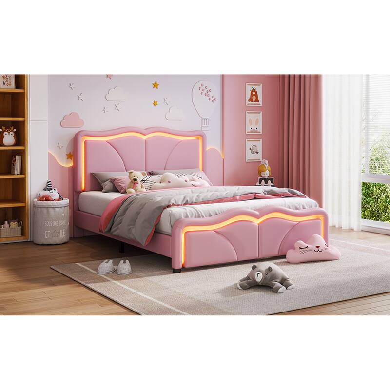 Roomfitters Twin/Full Size Upholstered Platform Bed with LED Light Headboard and Footboard, Wave Shaped Padded Frame, Pink