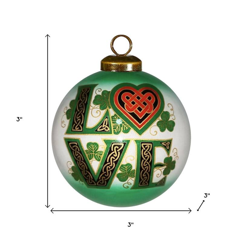 HomeRoots Love Irish Hand Painted Green White And Red Glass Ball Ornament