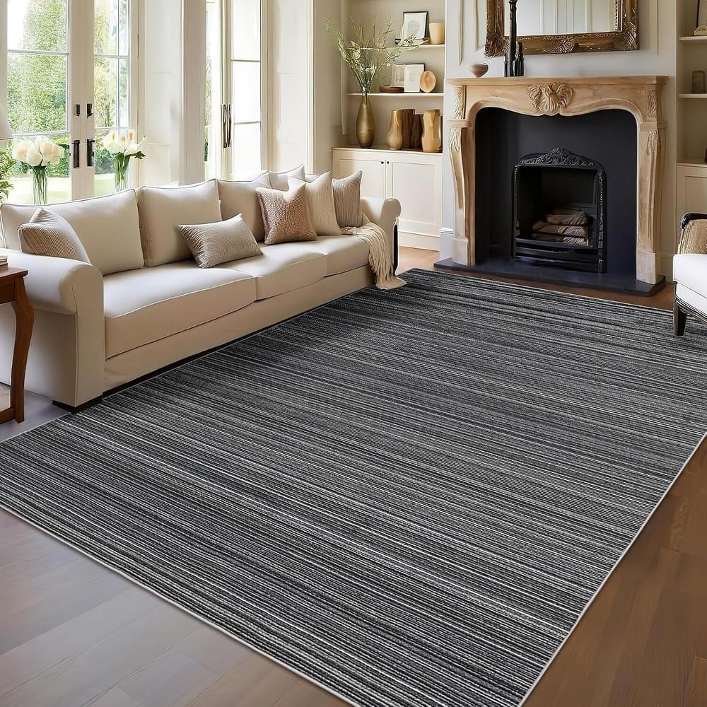 Modern Stripe Machine Washable Area Rug for Bedroom, Living Room, Black - 1'6" x 2'6"
