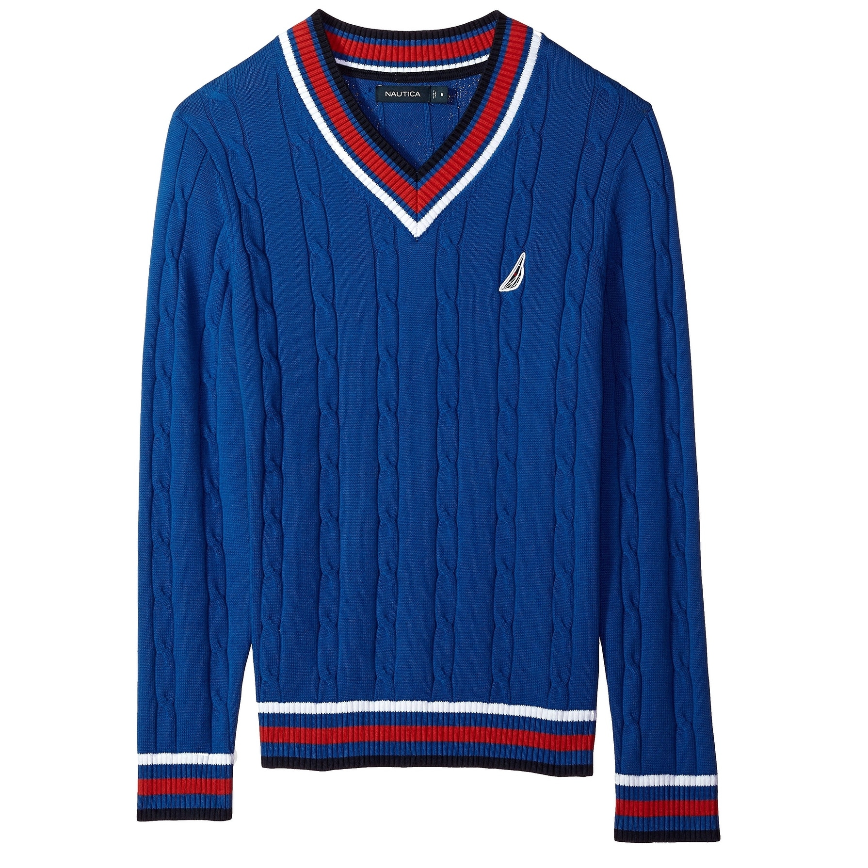 Nautica White Blue Red Mens XL Varsity Cable Knit V Neck Sweater Nautica White Blue Red Mens XL Varsity Cable Knit V Neck Sweater