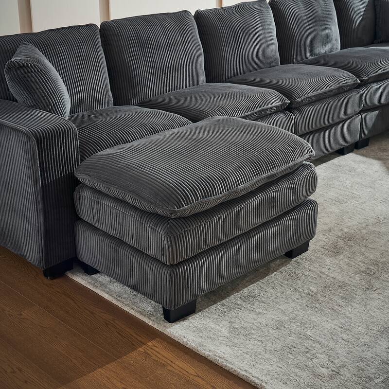 Modern U Shaped 6-seat Sectional Corduroy Sofa Couch with one Ottoman and three toss pillows ,Modular Sofa for Living Room