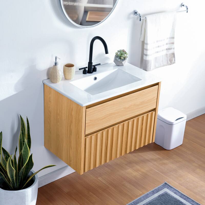 Sherwin Slat Modern Coastal 2-Drawer Wall Mounted Bath Vanity Cabinet Only (Sink Basin Not Included), By JONATHAN Y