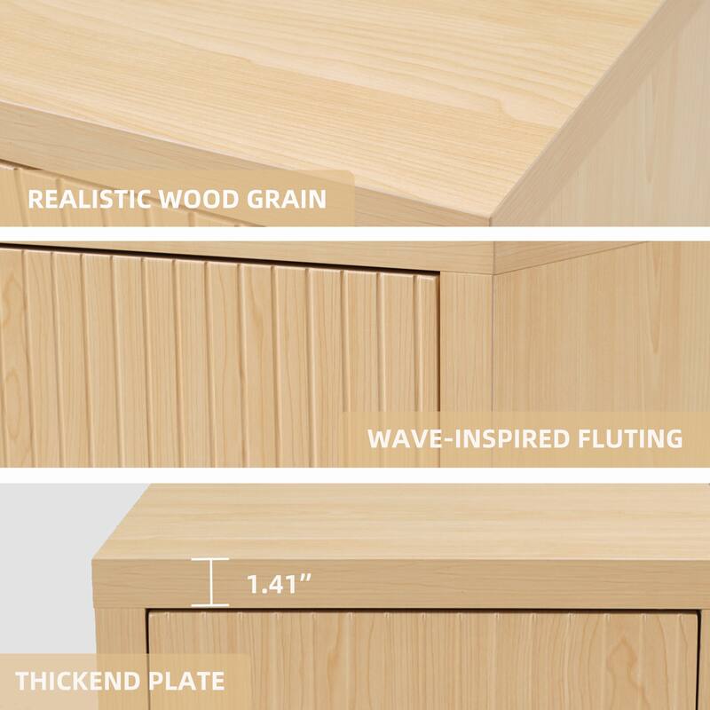 Night Stand with Drawer Storage Fluted Bed Side Table, Natural Wood
