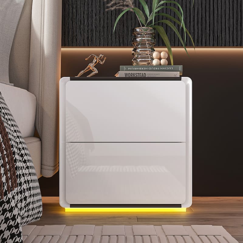 White Modern LED Nightstand High Gloss Bedside Tables with 2 Drawers