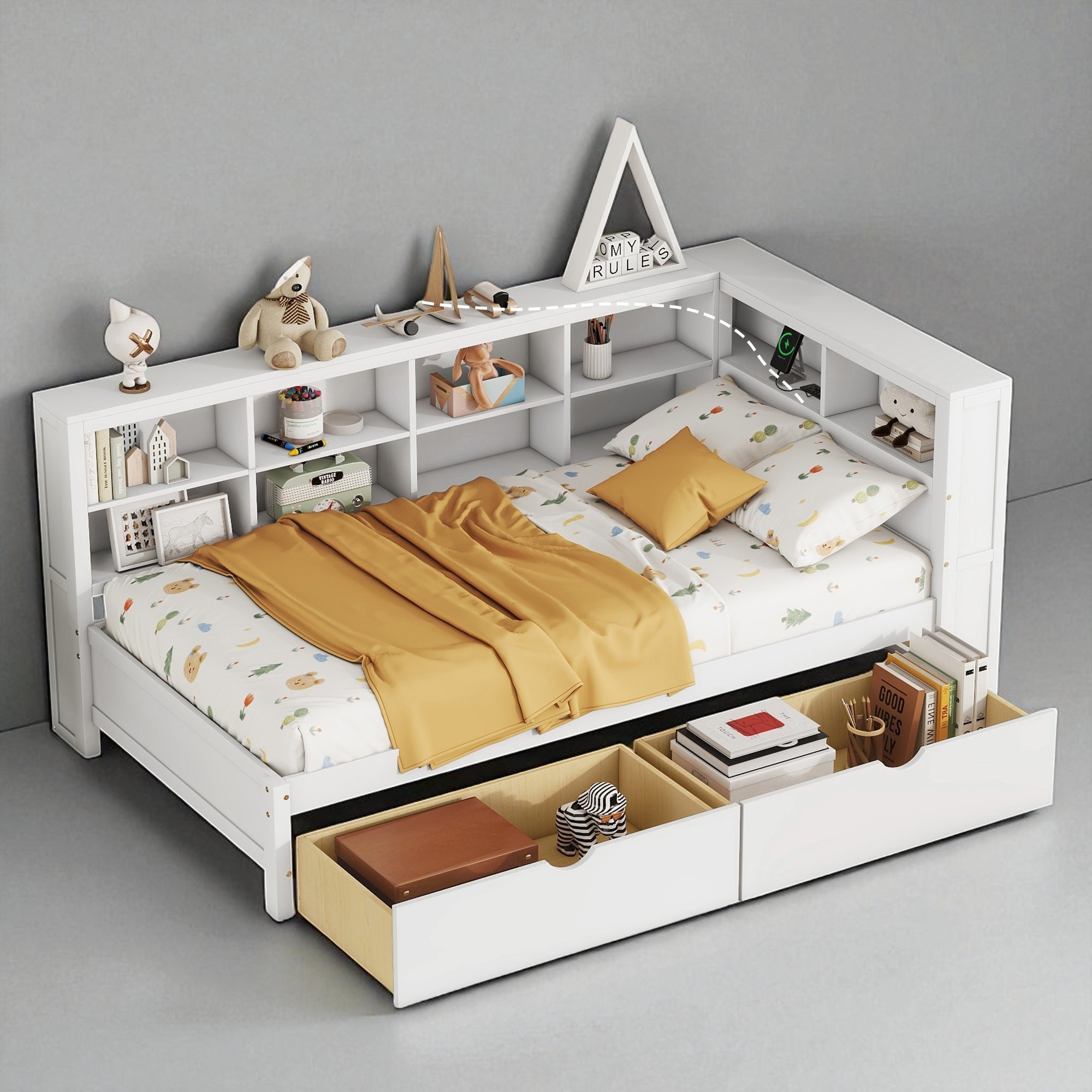 Twin Size Wooden Daybed with USB Charging Ports, 2 Drawers and Storage Shelf, White Finish